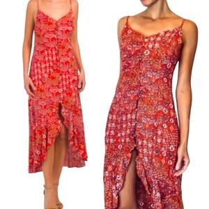 Abel the Label Lola Dress Floral Print High Low Midi Button Front Red Womens M